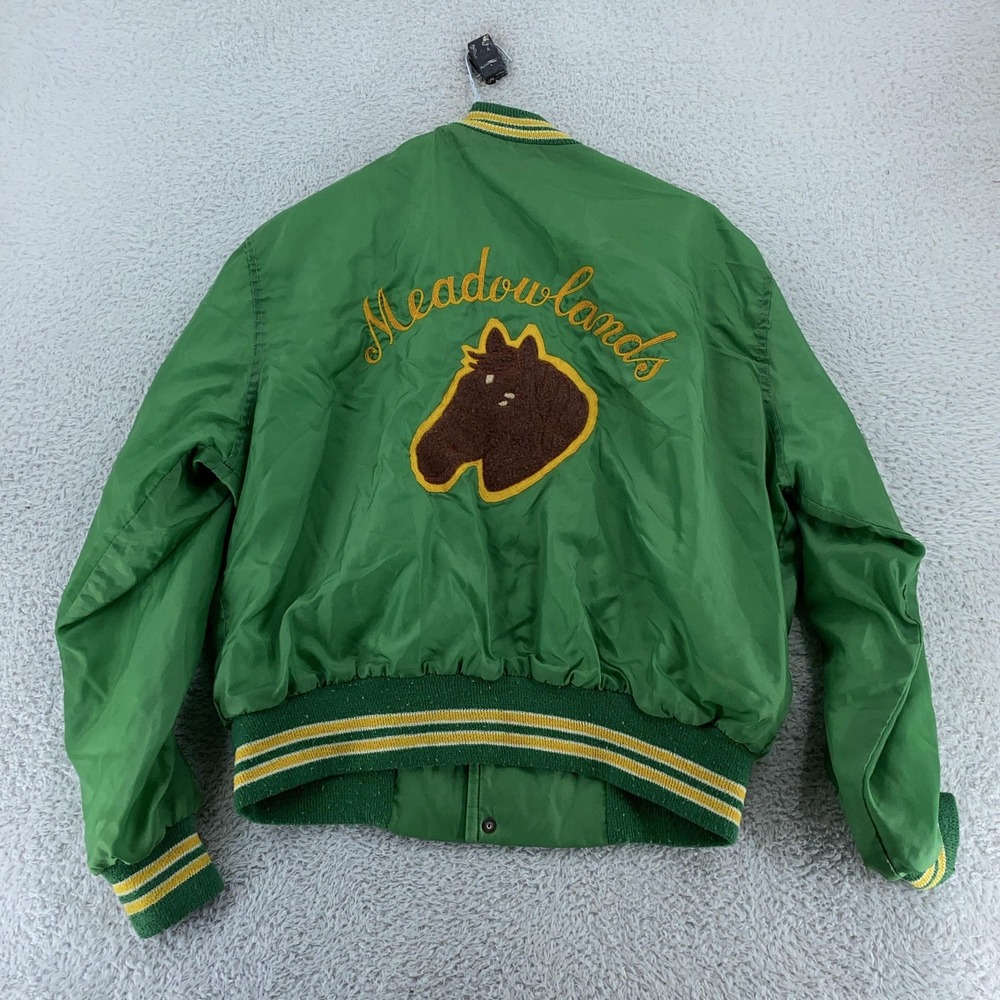 Vtg Meadowlands Satin Bomber Jacket Mens Large Varsity Racing Horse 80s John NJ